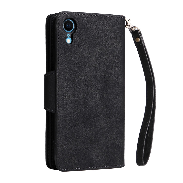 For iPhone XR Rivet Buckle 9 Cards Three Fold Leather Phone Case