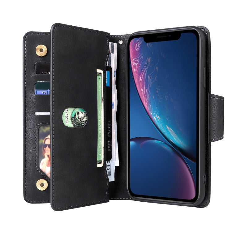 For iPhone XR Rivet Buckle 9 Cards Three Fold Leather Phone Case