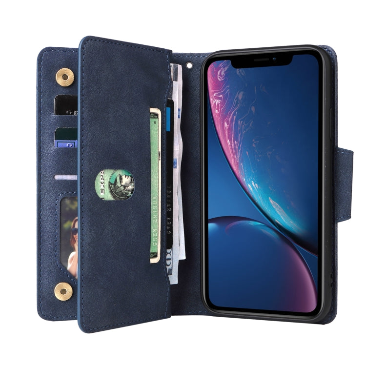 For iPhone XR Rivet Buckle 9 Cards Three Fold Leather Phone Case