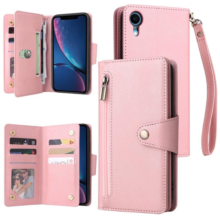 For iPhone XR Rivet Buckle 9 Cards Three Fold Leather Phone Case