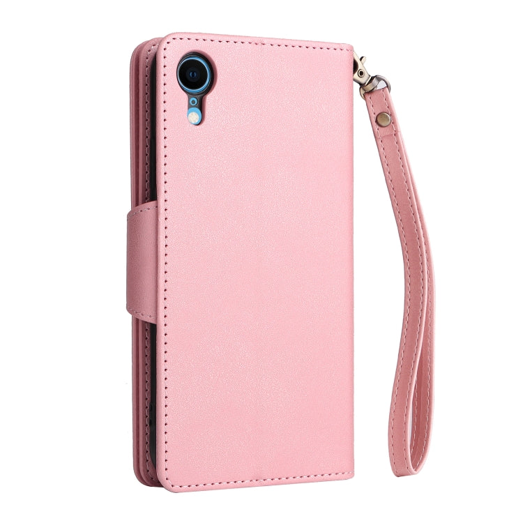 For iPhone XR Rivet Buckle 9 Cards Three Fold Leather Phone Case