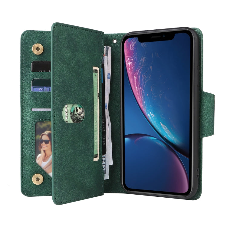 For iPhone XR Rivet Buckle 9 Cards Three Fold Leather Phone Case