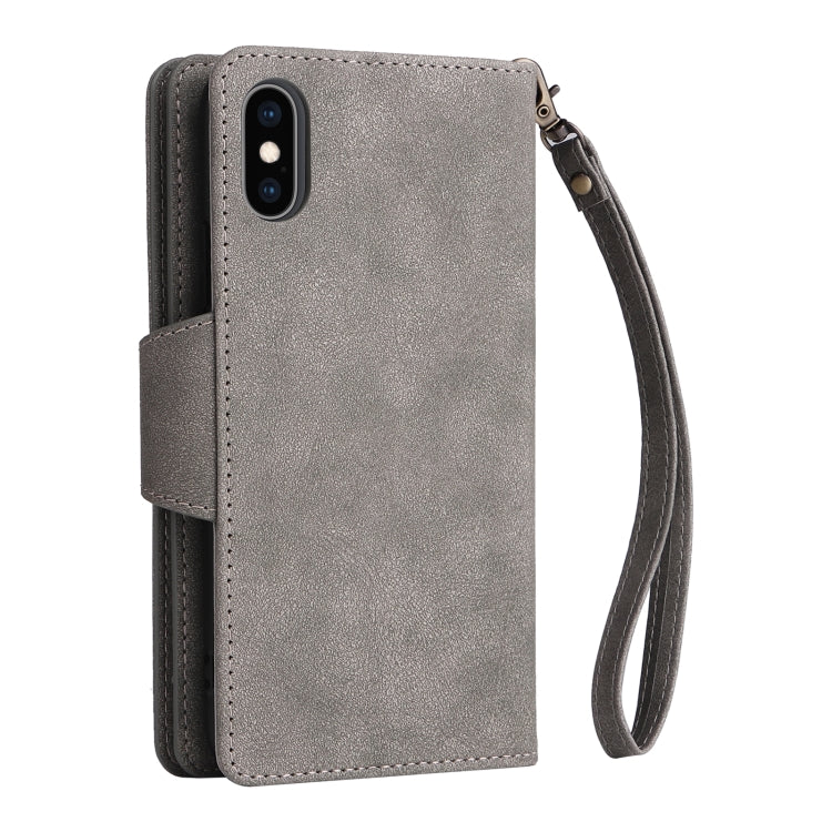 For iPhone XS Max Rivet Buckle 9 Cards Three Fold Leather Phone Case