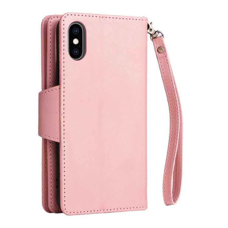 For iPhone XS Max Rivet Buckle 9 Cards Three Fold Leather Phone Case