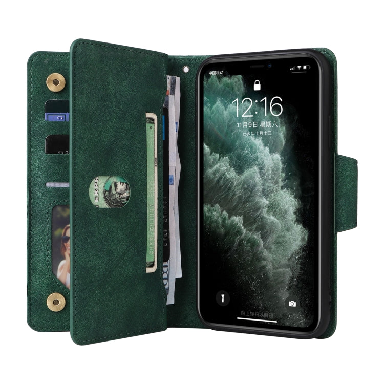 For iPhone 11 Pro Max Rivet Buckle 9 Cards Three Fold Leather Phone Case