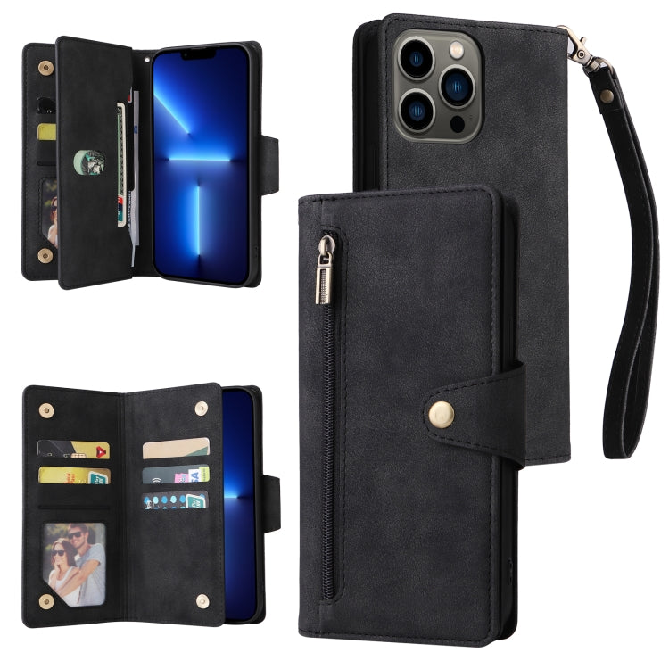 For iPhone 13 Pro Rivet Buckle 9 Cards Three Fold Leather Phone Case