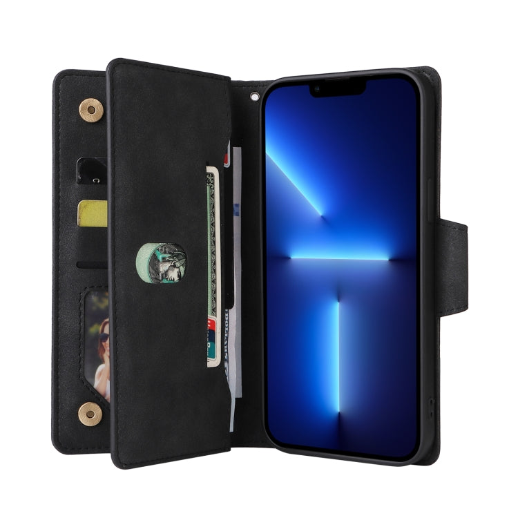 For iPhone 13 Pro Rivet Buckle 9 Cards Three Fold Leather Phone Case