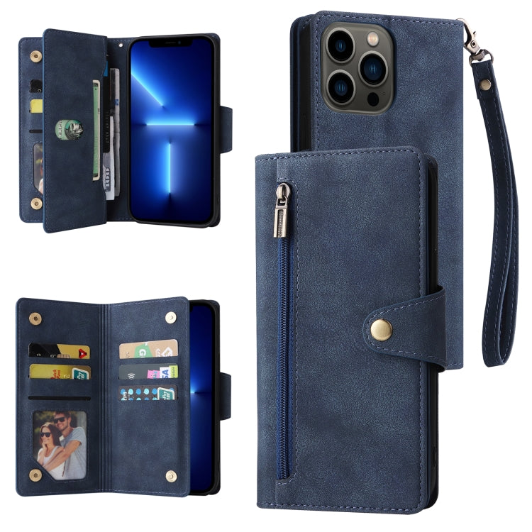 For iPhone 13 Pro Rivet Buckle 9 Cards Three Fold Leather Phone Case