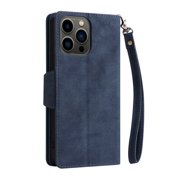 For iPhone 13 Pro Rivet Buckle 9 Cards Three Fold Leather Phone Case