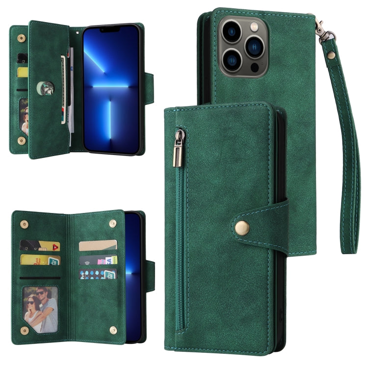For iPhone 13 Pro Rivet Buckle 9 Cards Three Fold Leather Phone Case
