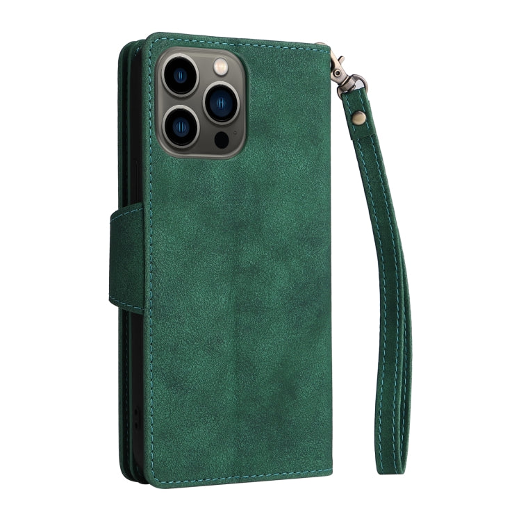 For iPhone 13 Pro Rivet Buckle 9 Cards Three Fold Leather Phone Case