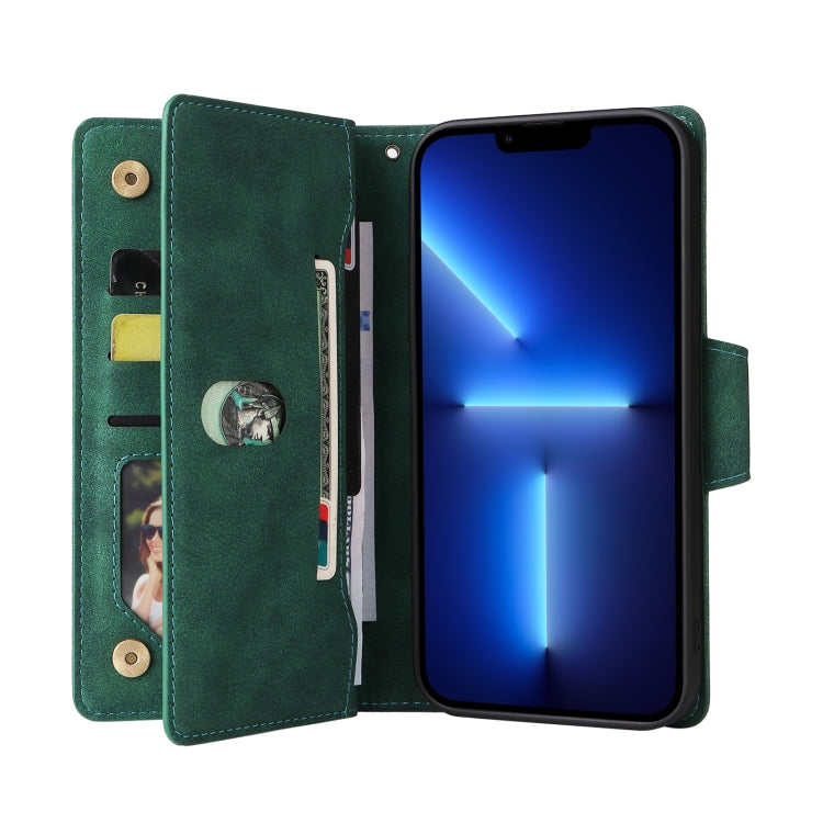 For iPhone 13 Pro Rivet Buckle 9 Cards Three Fold Leather Phone Case