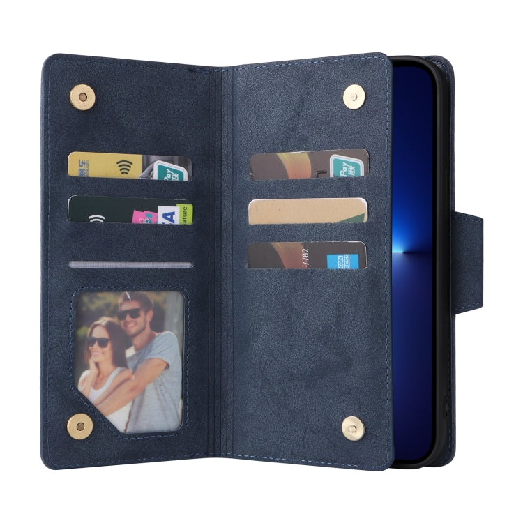 For iPhone 13 Pro Max Rivet Buckle 9 Cards Three Fold Leather Phone Case