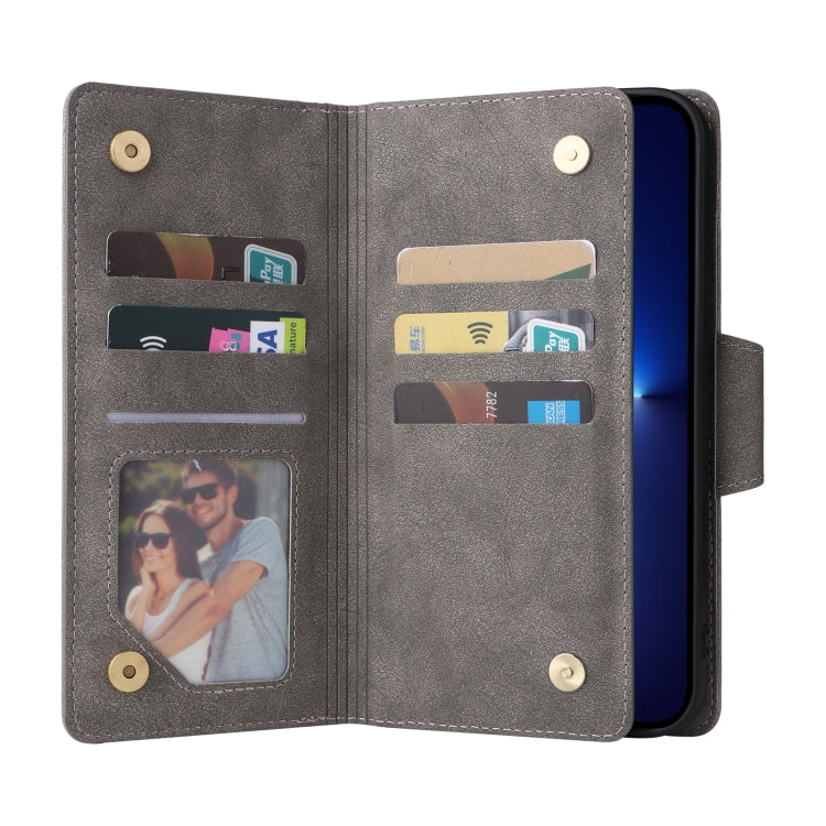 For iPhone 13 Pro Max Rivet Buckle 9 Cards Three Fold Leather Phone Case