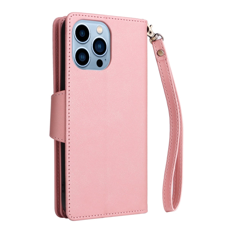 For iPhone 13 Pro Max Rivet Buckle 9 Cards Three Fold Leather Phone Case