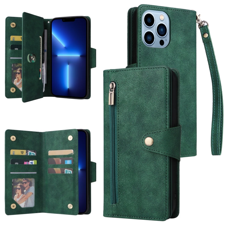For iPhone 13 Pro Max Rivet Buckle 9 Cards Three Fold Leather Phone Case