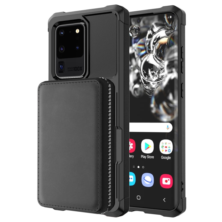 For Samsung Galaxy S20 Ultra Zipper Wallet Card Bag PU Back Phone Case