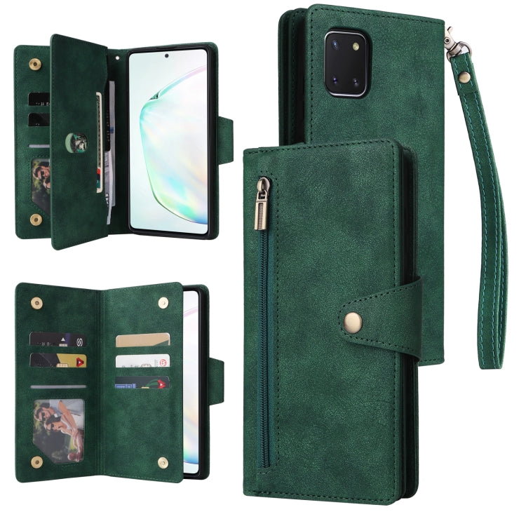 For Samsung Galaxy Note10 Lite Rivet Buckle 9 Cards Three Fold Leather Phone Case