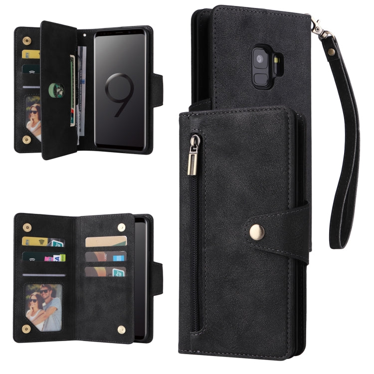 For Samsung Galaxy S9 Rivet Buckle 9 Cards Three Fold Leather Phone Case