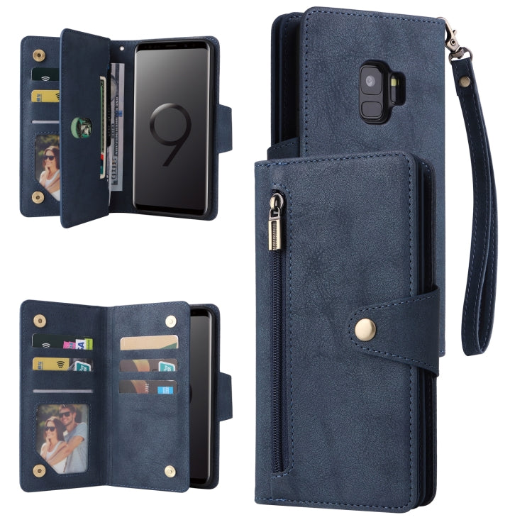 For Samsung Galaxy S9 Rivet Buckle 9 Cards Three Fold Leather Phone Case