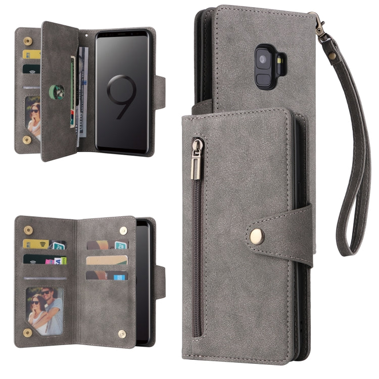 For Samsung Galaxy S9 Rivet Buckle 9 Cards Three Fold Leather Phone Case