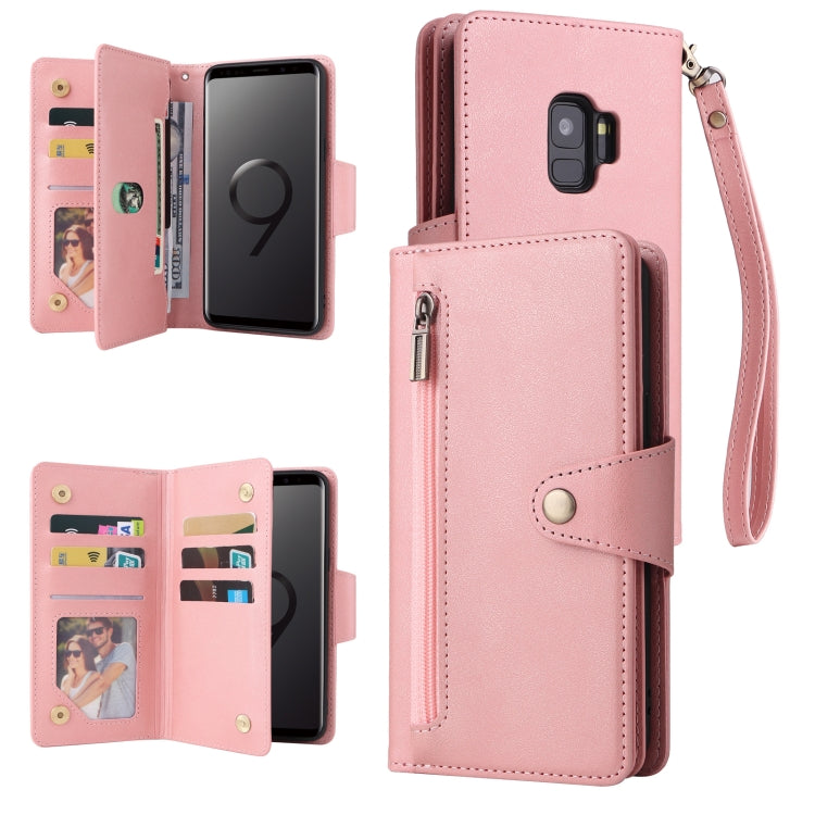 For Samsung Galaxy S9 Rivet Buckle 9 Cards Three Fold Leather Phone Case