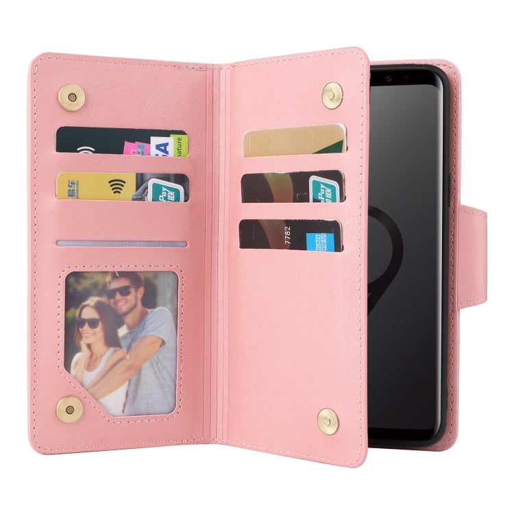 For Samsung Galaxy S9 Rivet Buckle 9 Cards Three Fold Leather Phone Case