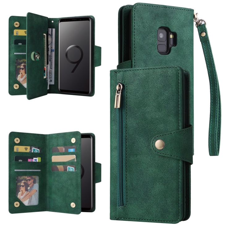 For Samsung Galaxy S9 Rivet Buckle 9 Cards Three Fold Leather Phone Case