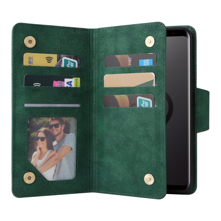 For Samsung Galaxy S9 Rivet Buckle 9 Cards Three Fold Leather Phone Case
