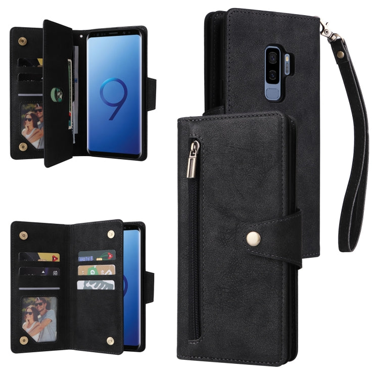For Samsung Galaxy S9+ Rivet Buckle 9 Cards Three Fold Leather Phone Case