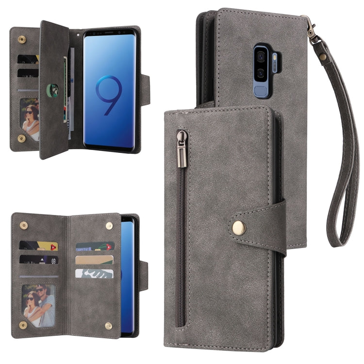 For Samsung Galaxy S9+ Rivet Buckle 9 Cards Three Fold Leather Phone Case