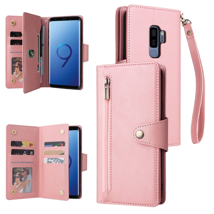 For Samsung Galaxy S9+ Rivet Buckle 9 Cards Three Fold Leather Phone Case