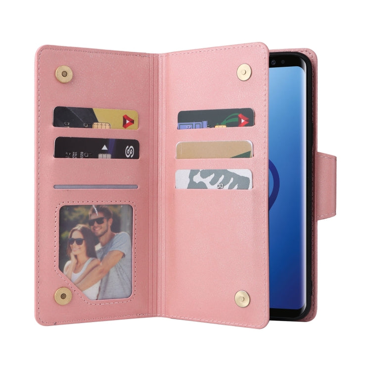 For Samsung Galaxy S9+ Rivet Buckle 9 Cards Three Fold Leather Phone Case
