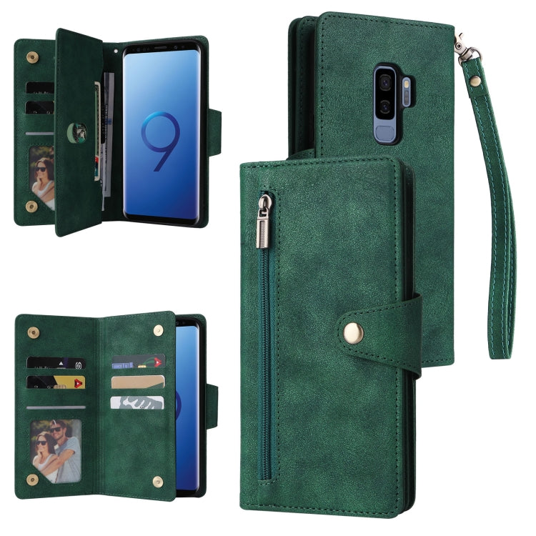 For Samsung Galaxy S9+ Rivet Buckle 9 Cards Three Fold Leather Phone Case