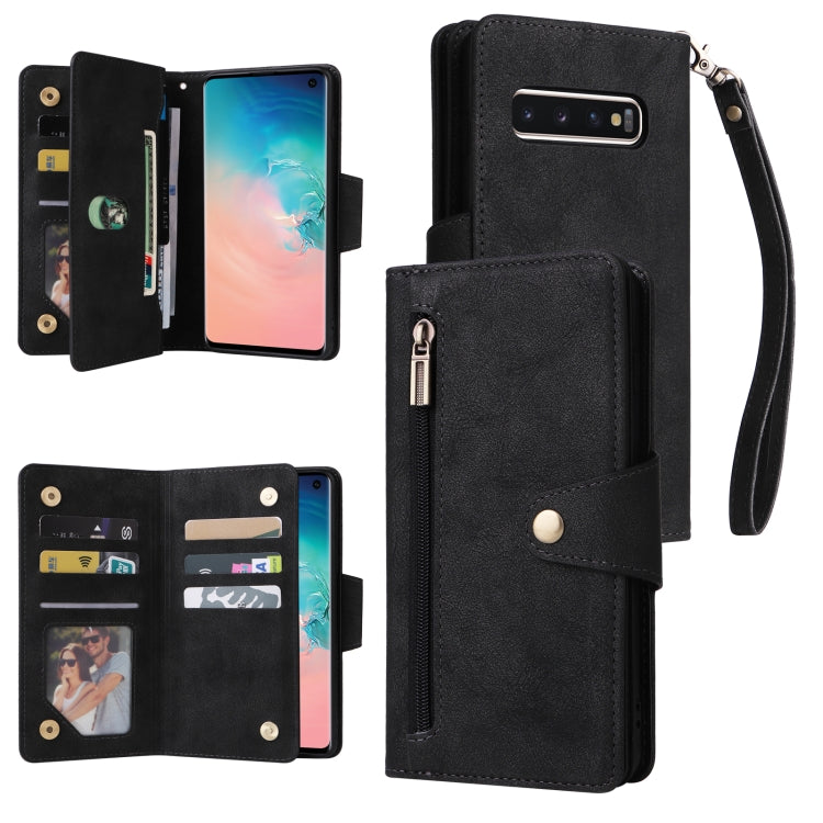 For Samsung Galaxy S10 Rivet Buckle 9 Cards Three Fold Leather Phone Case