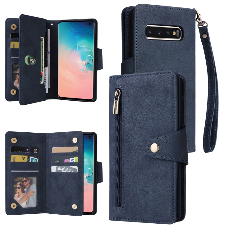 For Samsung Galaxy S10 Rivet Buckle 9 Cards Three Fold Leather Phone Case
