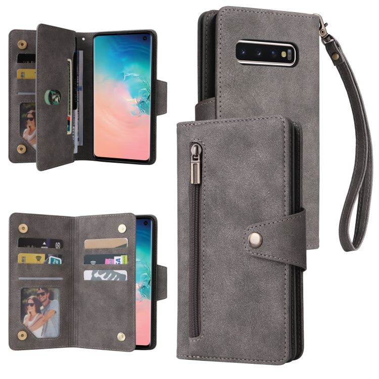 For Samsung Galaxy S10 Rivet Buckle 9 Cards Three Fold Leather Phone Case