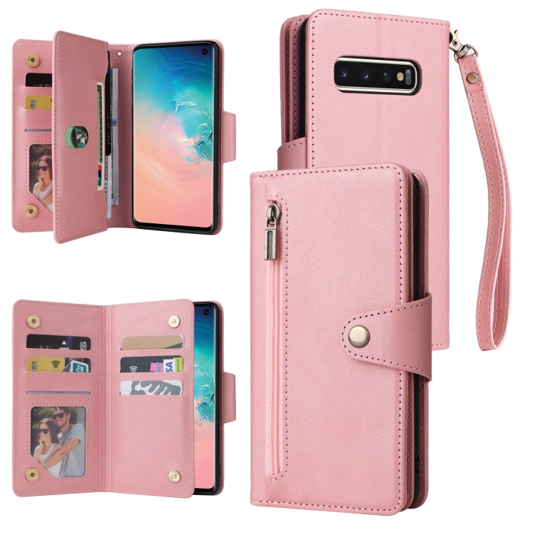 For Samsung Galaxy S10 Rivet Buckle 9 Cards Three Fold Leather Phone Case