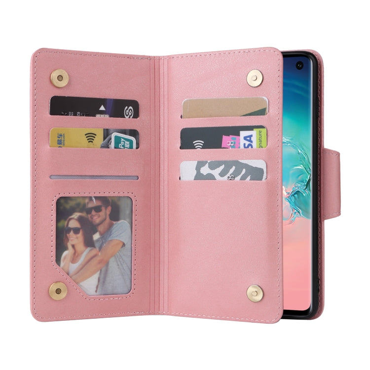 For Samsung Galaxy S10 Rivet Buckle 9 Cards Three Fold Leather Phone Case