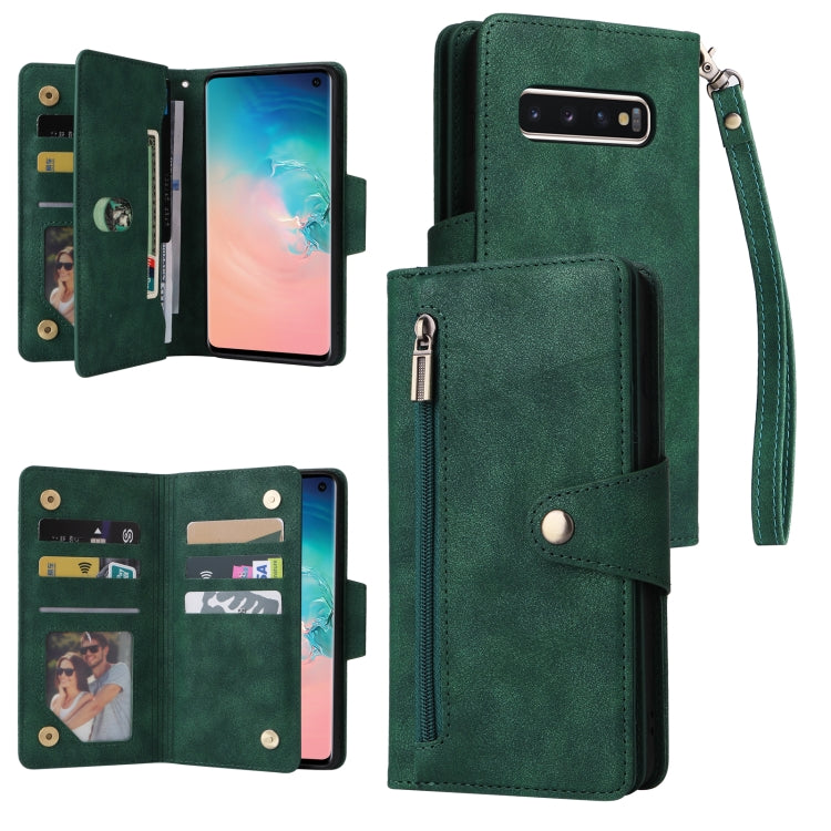 For Samsung Galaxy S10 Rivet Buckle 9 Cards Three Fold Leather Phone Case
