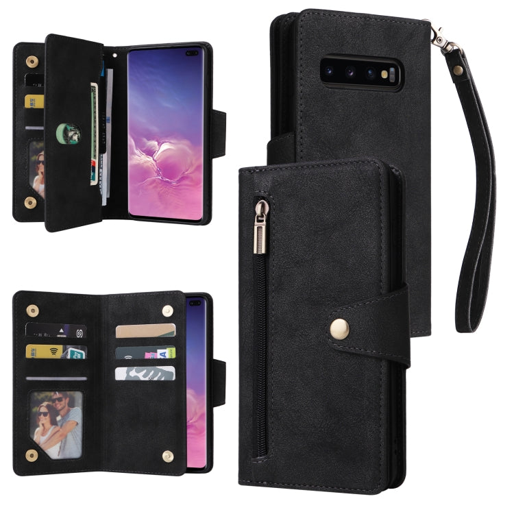 For Samsung Galaxy S10+ Rivet Buckle 9 Cards Three Fold Leather Phone Case