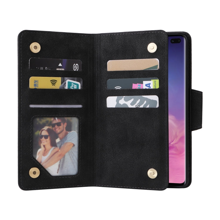 For Samsung Galaxy S10+ Rivet Buckle 9 Cards Three Fold Leather Phone Case