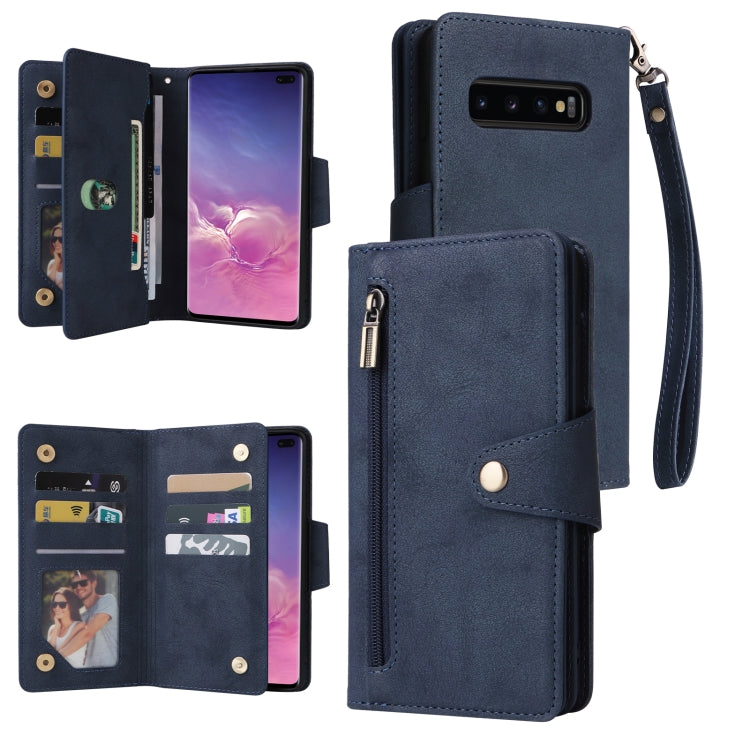 For Samsung Galaxy S10+ Rivet Buckle 9 Cards Three Fold Leather Phone Case