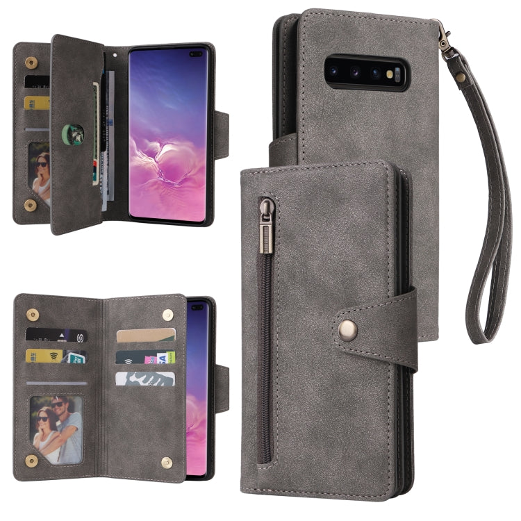 For Samsung Galaxy S10+ Rivet Buckle 9 Cards Three Fold Leather Phone Case