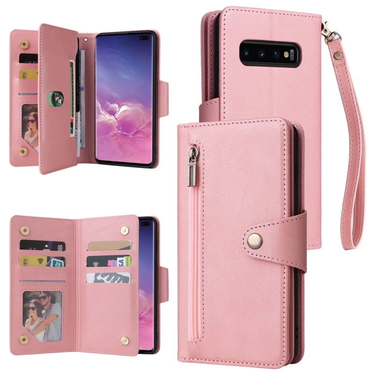 For Samsung Galaxy S10+ Rivet Buckle 9 Cards Three Fold Leather Phone Case