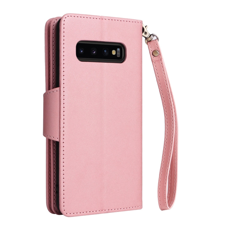 For Samsung Galaxy S10+ Rivet Buckle 9 Cards Three Fold Leather Phone Case