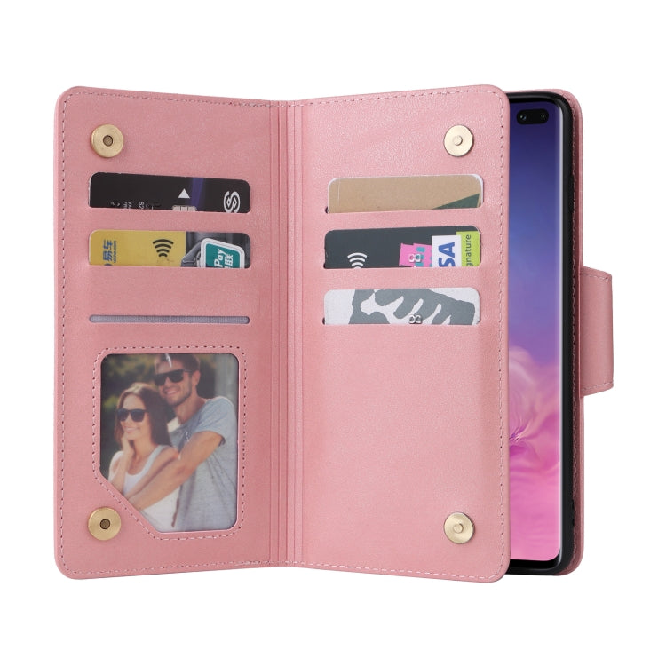 For Samsung Galaxy S10+ Rivet Buckle 9 Cards Three Fold Leather Phone Case