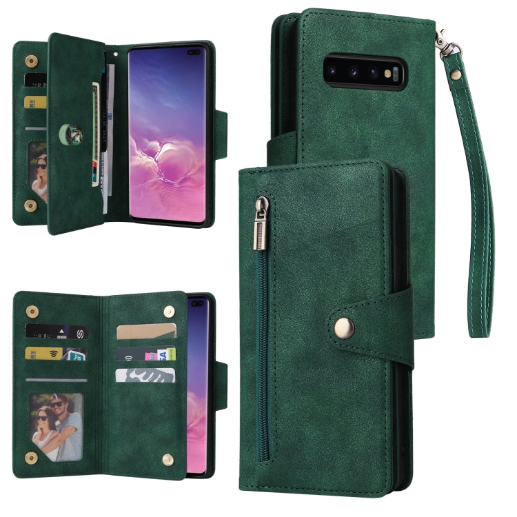 For Samsung Galaxy S10+ Rivet Buckle 9 Cards Three Fold Leather Phone Case