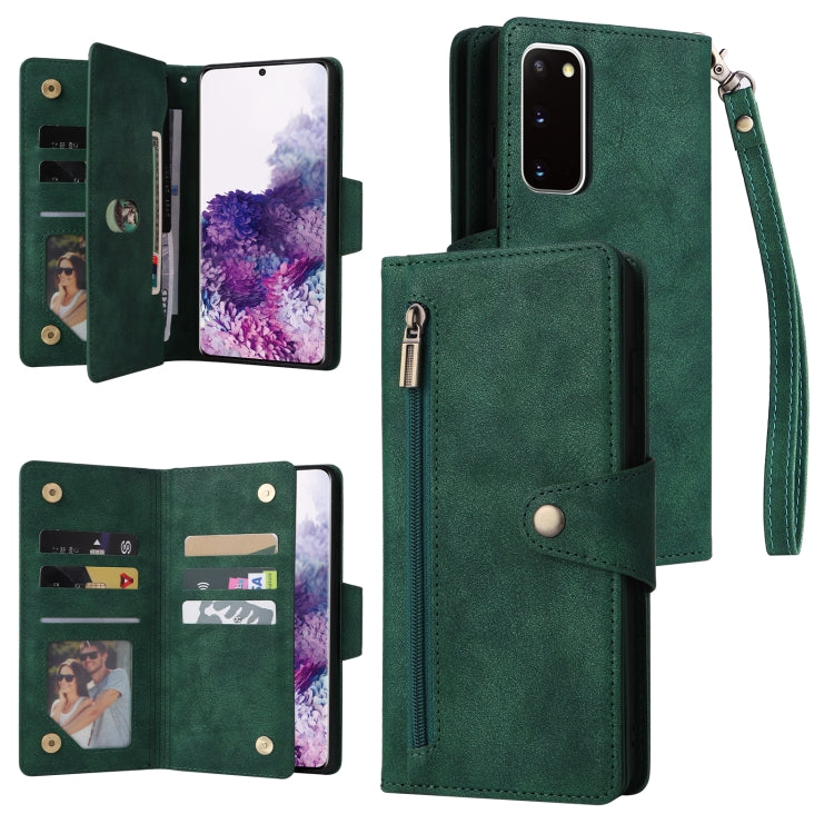 For Samsung Galaxy S20 Rivet Buckle 9 Cards Three Fold Leather Phone Case