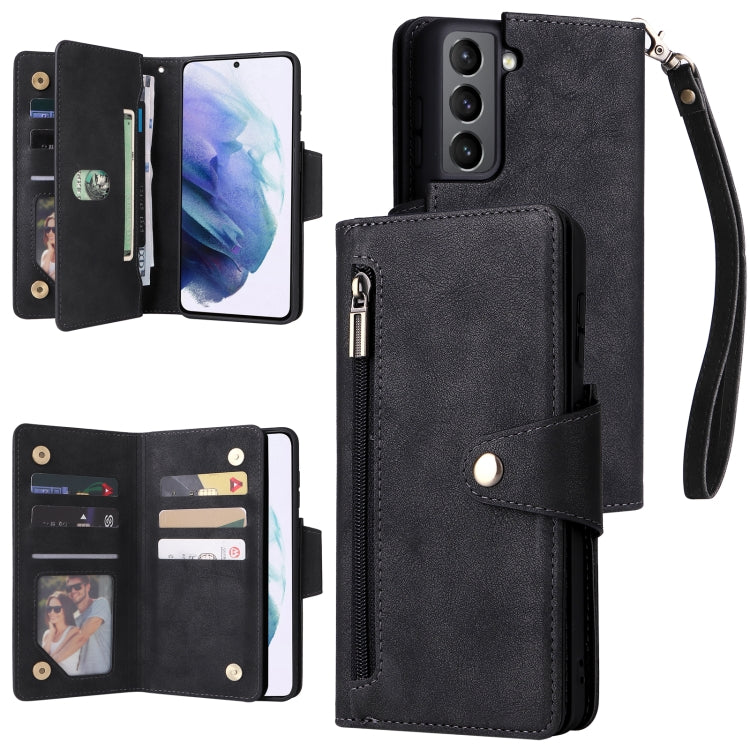 For Samsung Galaxy S21 5G Rivet Buckle 9 Cards Three Fold Leather Phone Case